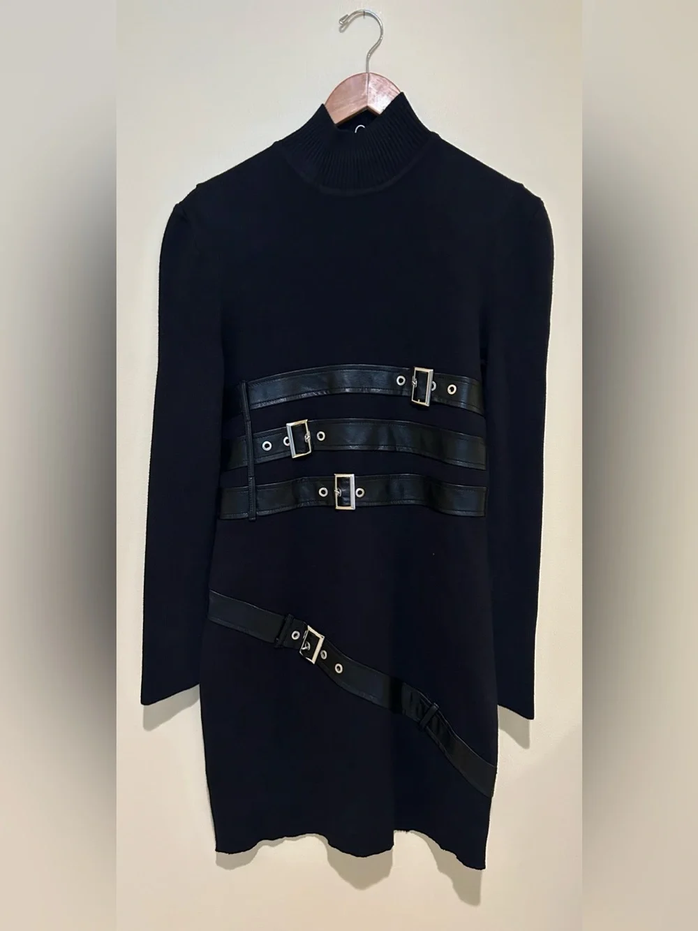 Kate Hewko Black Long-Sleeve Turtleneck Leather Belted Sweater Dress Size L/XL